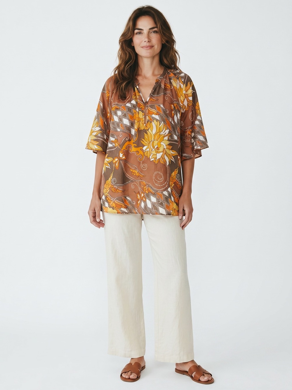 Antik Batik Ramba Blouse Size M/40 Brown Yellow Floral Flutter Sleeve Cotton